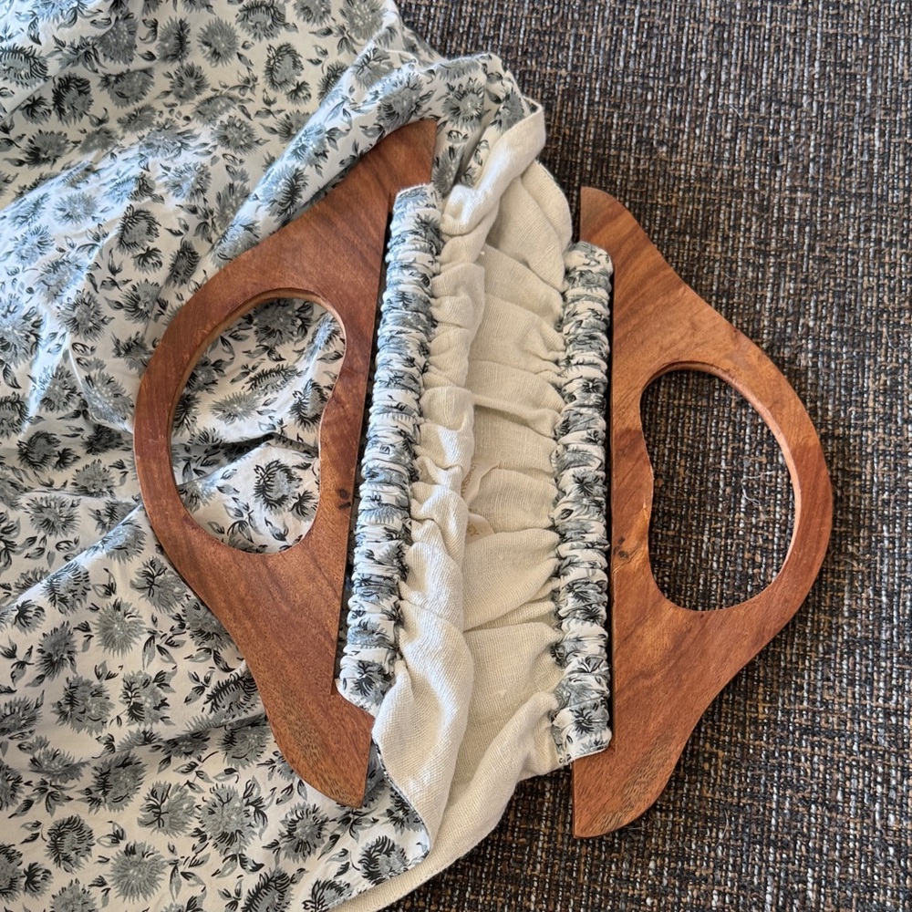 LoveShackFancy Black and White Floral Tote with Wooden Handle - Picture 7 of 9